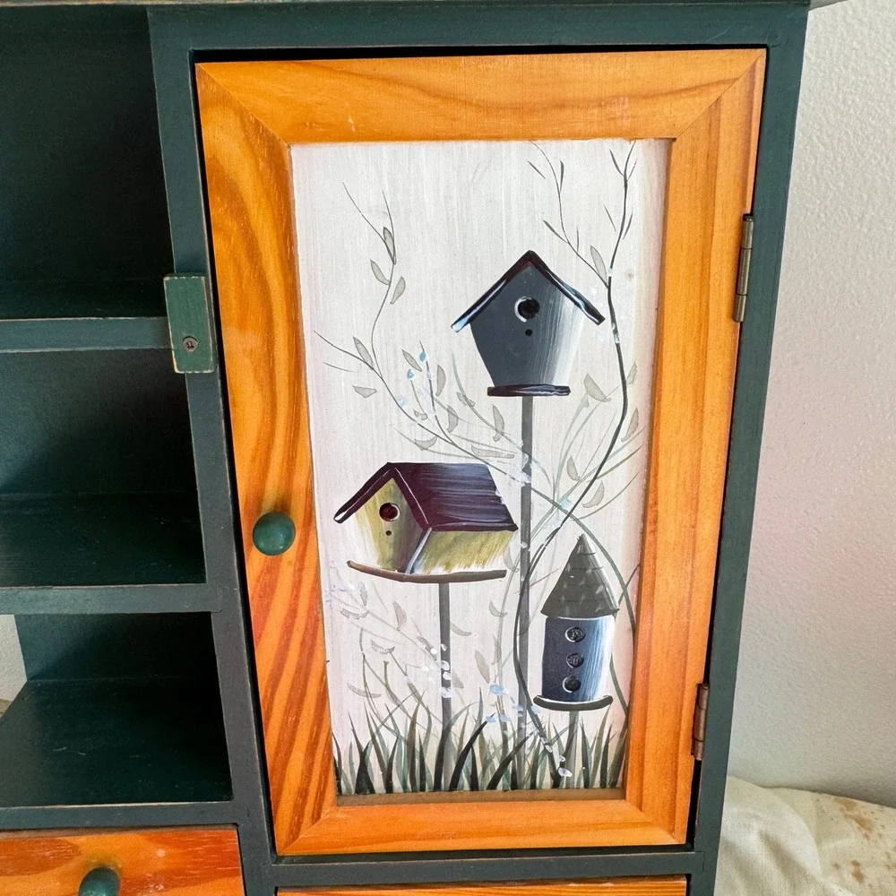 Vintage Hand Painted Wood Birdhouse Shadow Cabinet Wall Hanging Green Trinket